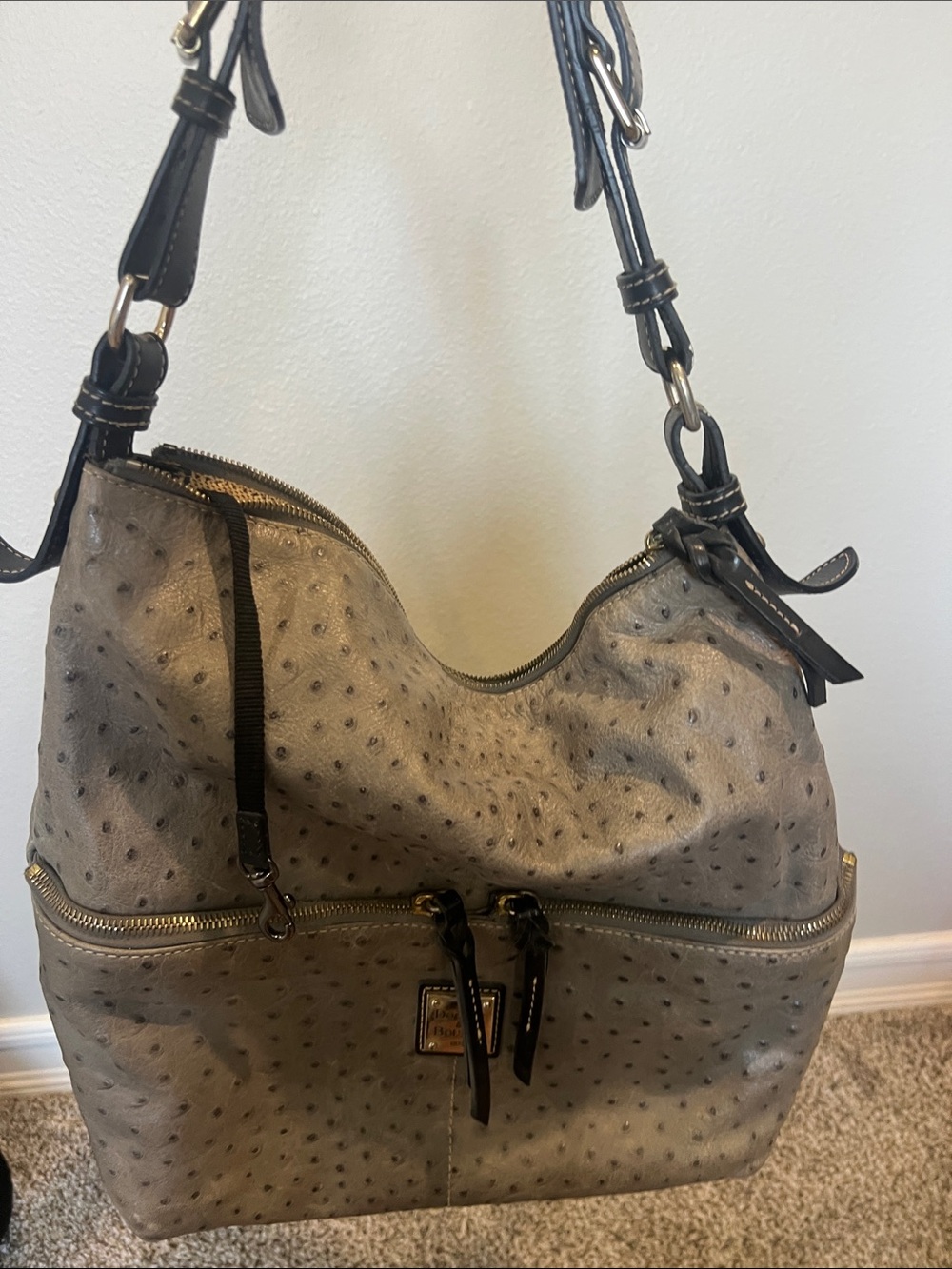Dooney & Bourke Gray Faux-Ostrich Hobo Shoulder Bag with Black Trim